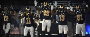 (from left to right):  Stedman  Bailey, Tavon Austin, Jared Cook, Chris Givens and Kenny Britt expressed their solidarity with activists protesting against the no indictment ruling in favor of Ferguson police officer who killed 18-year-old Michael Brown.  Photo by Huffington Post. 